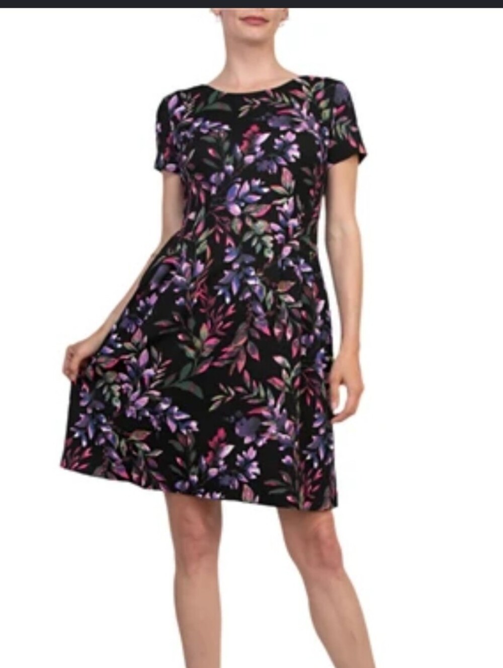 Connected Apparel Size 6 Black Floral Fit Flare A-Line Midi Dress Pink Purple